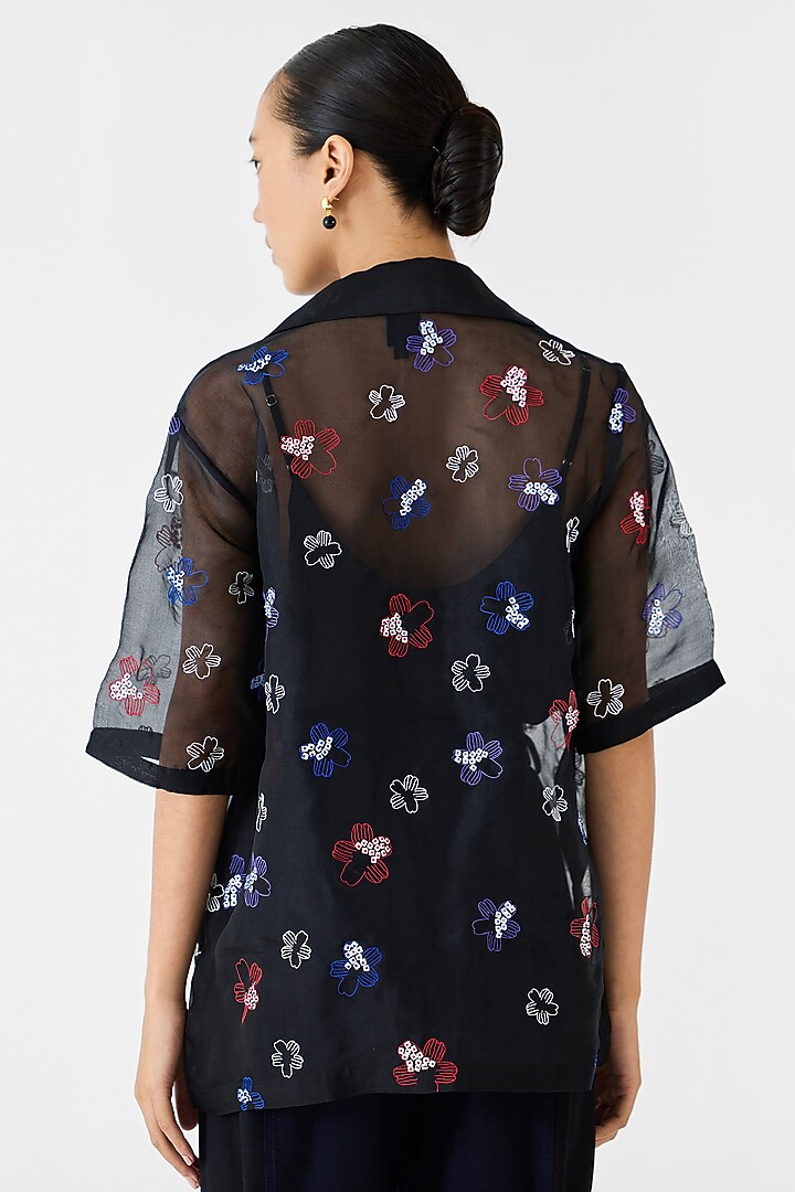 Black Organza Hand Embroidered Hand-Dyed Shirt by Studio Rigu at Pernia's Pop Up Shop