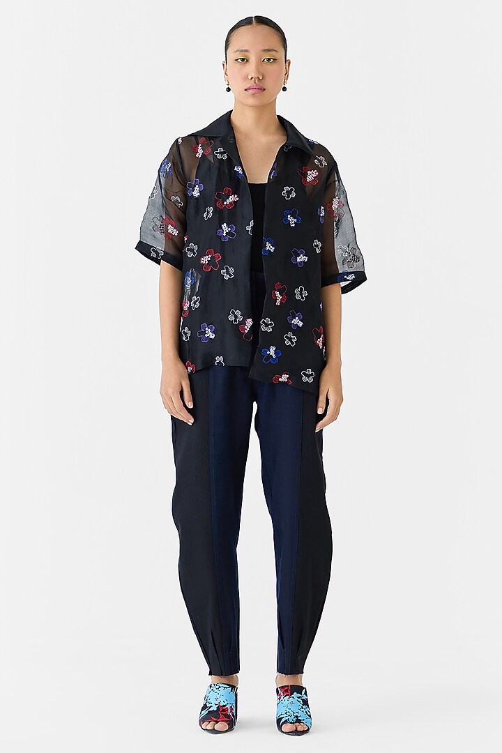 Black Organza Hand Embroidered Hand-Dyed Shirt by Studio Rigu at Pernia's Pop Up Shop