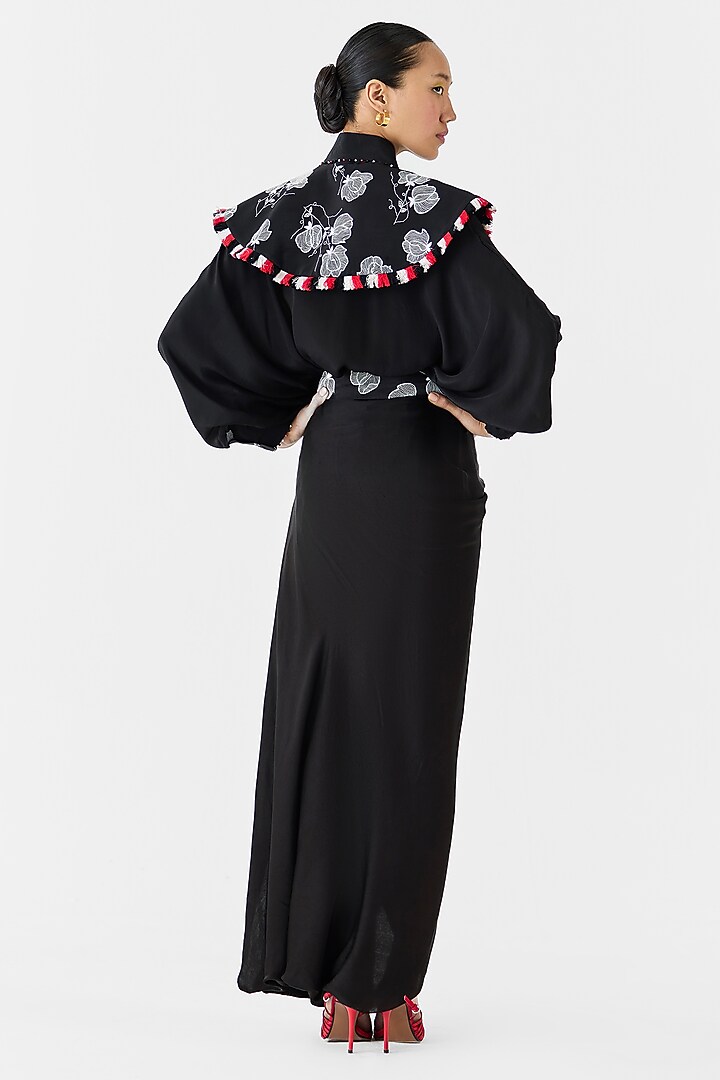 Black Vegan Embroidered Draped Skirt Set by Studio Rigu at Pernia's Pop Up Shop