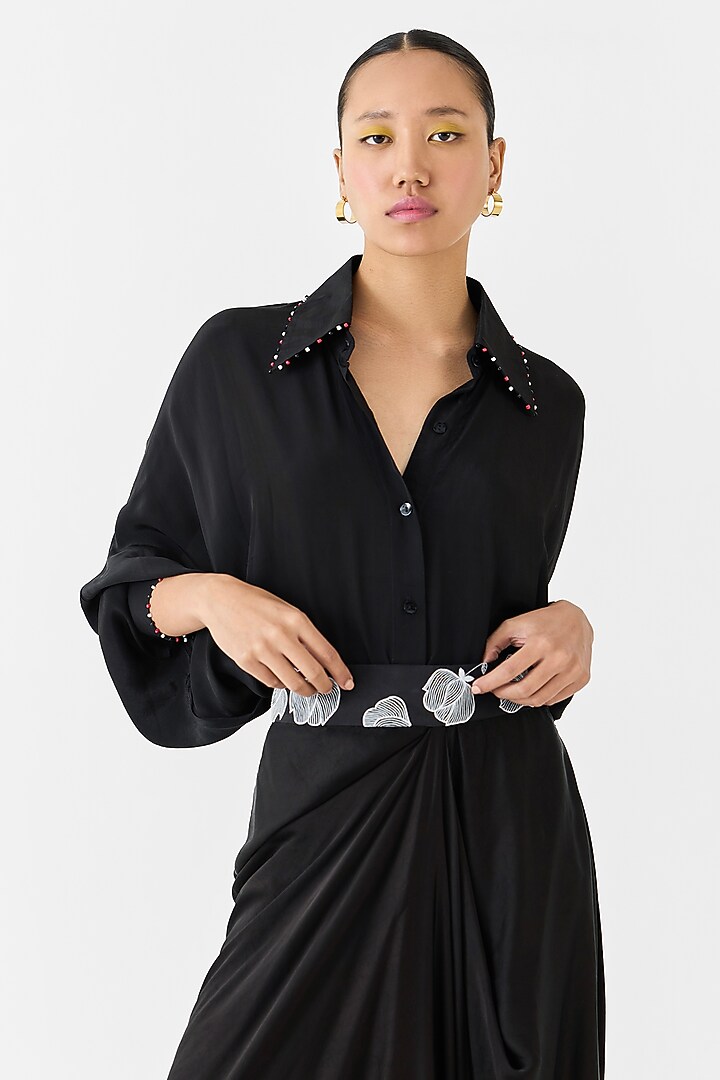 Black Vegan Embroidered Draped Skirt Set by Studio Rigu at Pernia's Pop Up Shop