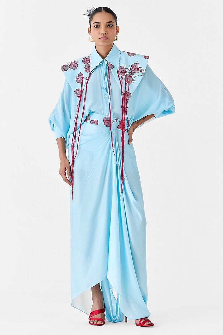 Sky Blue Vegan Embroidered Draped Skirt Set by Studio Rigu at Pernia's Pop Up Shop