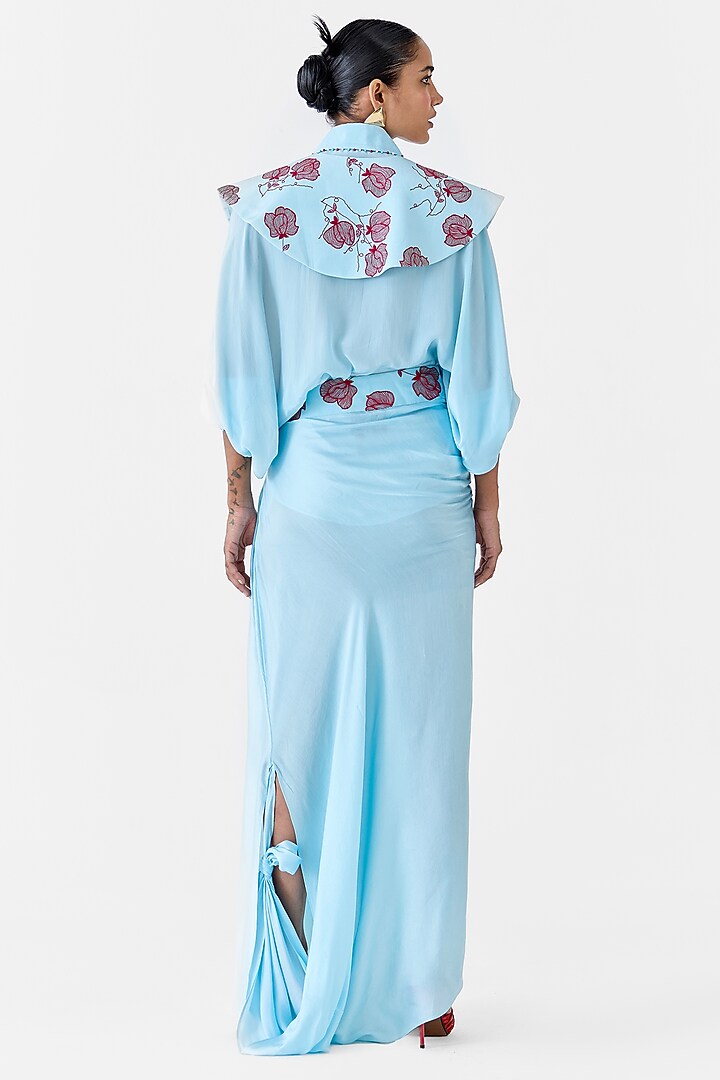 Sky Blue Vegan Embroidered Draped Skirt Set by Studio Rigu at Pernia's Pop Up Shop