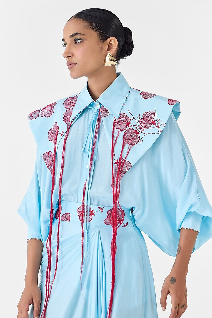 Sky Blue Vegan Embroidered Draped Skirt Set by Studio Rigu at Pernia's Pop Up Shop