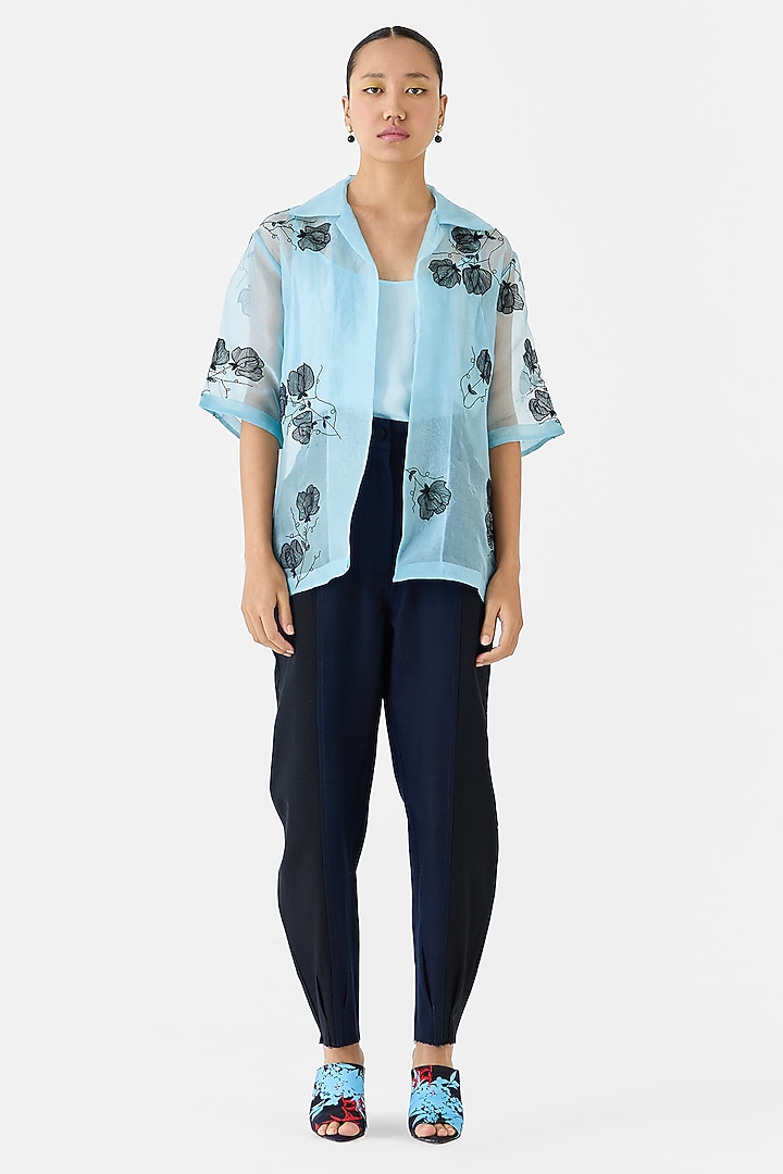 Sky Blue Organza Hand Embroidered Hand-Dyed Shirt by Studio Rigu at Pernia's Pop Up Shop
