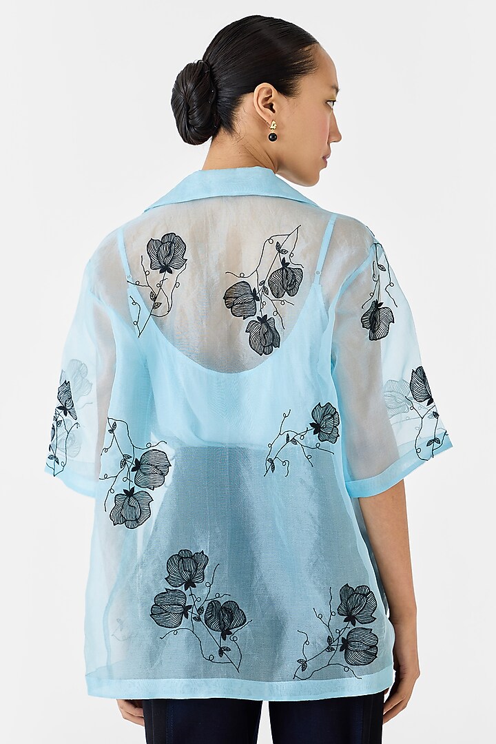 Sky Blue Organza Hand Embroidered Hand-Dyed Shirt by Studio Rigu at Pernia's Pop Up Shop