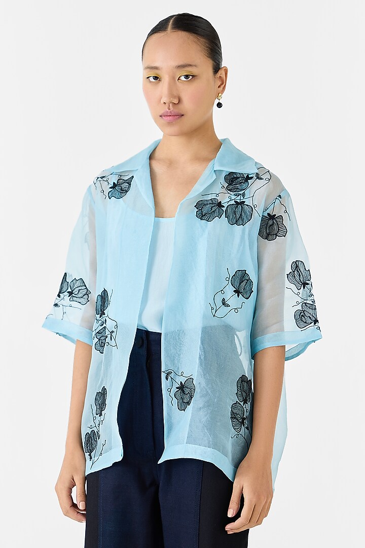 Sky Blue Organza Hand Embroidered Hand-Dyed Shirt by Studio Rigu at Pernia's Pop Up Shop