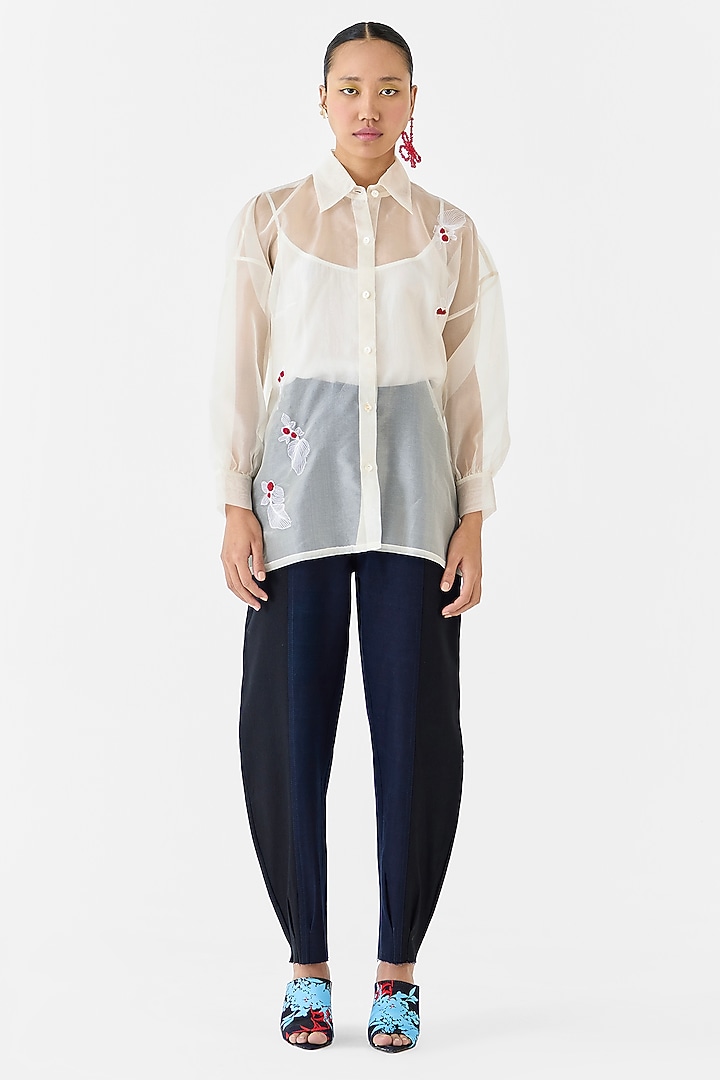 White Organza Hand Embroidered Hand-Dyed Shirt by Studio Rigu at Pernia's Pop Up Shop