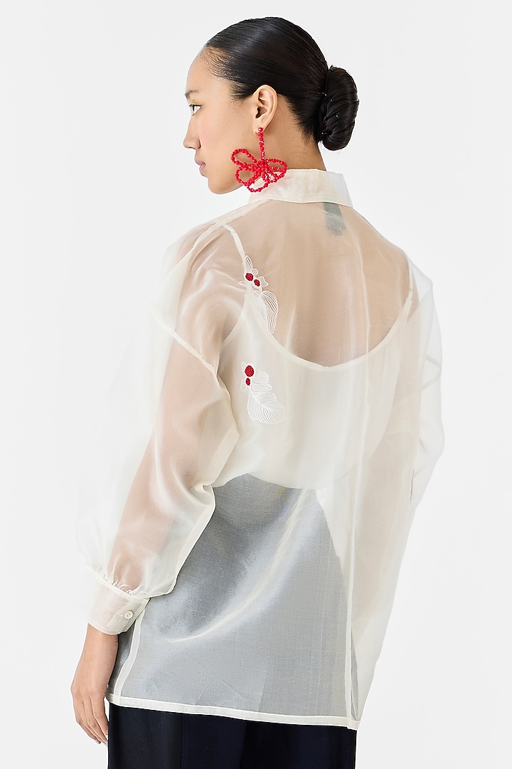 White Organza Hand Embroidered Hand-Dyed Shirt by Studio Rigu at Pernia's Pop Up Shop