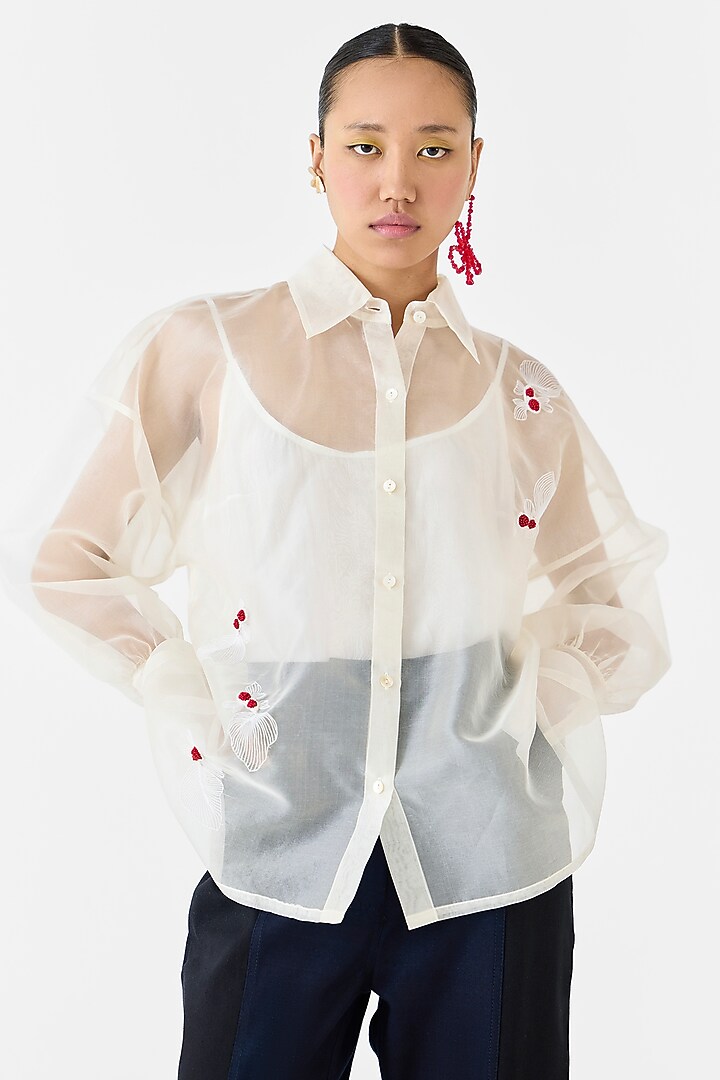 White Organza Hand Embroidered Hand-Dyed Shirt by Studio Rigu at Pernia's Pop Up Shop