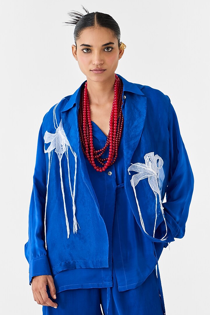 Royal Blue Organza Hand Embroidered Hand-Dyed Jacket by Studio Rigu at Pernia's Pop Up Shop