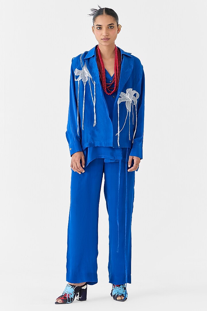 Royal Blue Organza Hand Embroidered Hand-Dyed Jacket by Studio Rigu at Pernia's Pop Up Shop