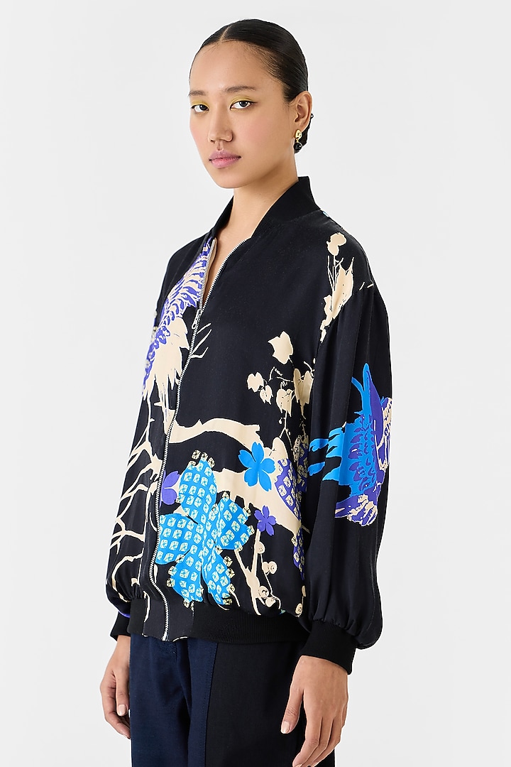 Black Vegan Silk Shibori Digital Printed Bomber Jacket by Studio Rigu at Pernia's Pop Up Shop