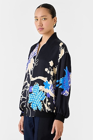Black Vegan Silk Shibori Digital Printed Bomber Jacket by Studio Rigu