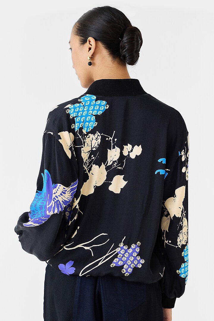 Black Vegan Silk Shibori Digital Printed Bomber Jacket by Studio Rigu at Pernia's Pop Up Shop
