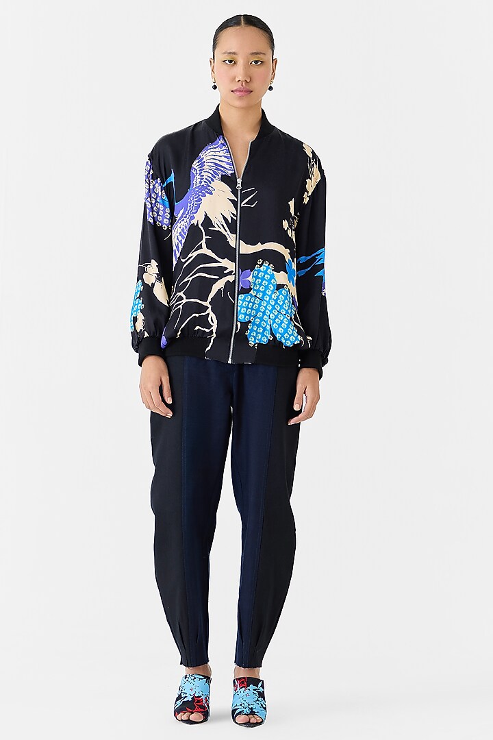 Black Vegan Silk Shibori Digital Printed Bomber Jacket by Studio Rigu at Pernia's Pop Up Shop