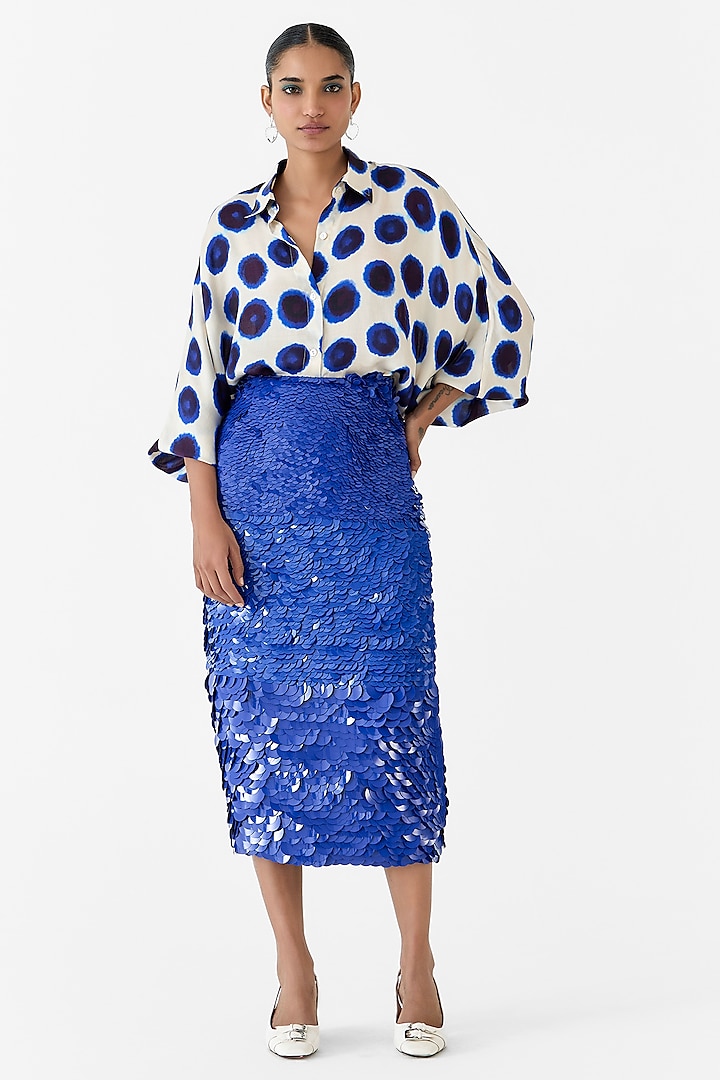 Indigo Blue Organza Sequin Hand Embroidered Skirt by Studio Rigu at Pernia's Pop Up Shop