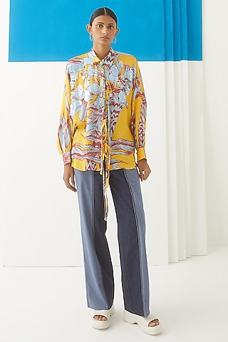 Yellow Vegan Silk Printed & Embroidered Shirt by Studio Rigu