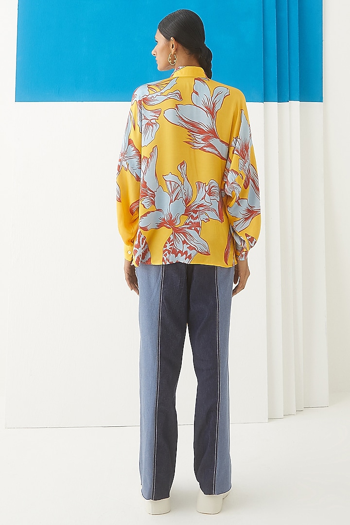Yellow Vegan Silk Printed & Embroidered Shirt by Studio Rigu at Pernia's Pop Up Shop