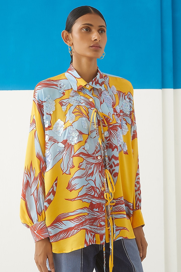 Yellow Vegan Silk Printed & Embroidered Shirt by Studio Rigu at Pernia's Pop Up Shop