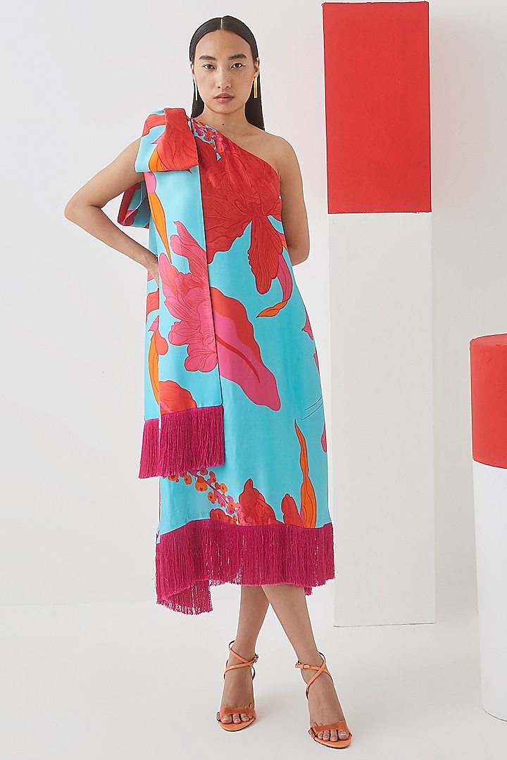 Sky Blue Vegan Silk Floral Printed One-Shoulder Midi Dress by Studio Rigu