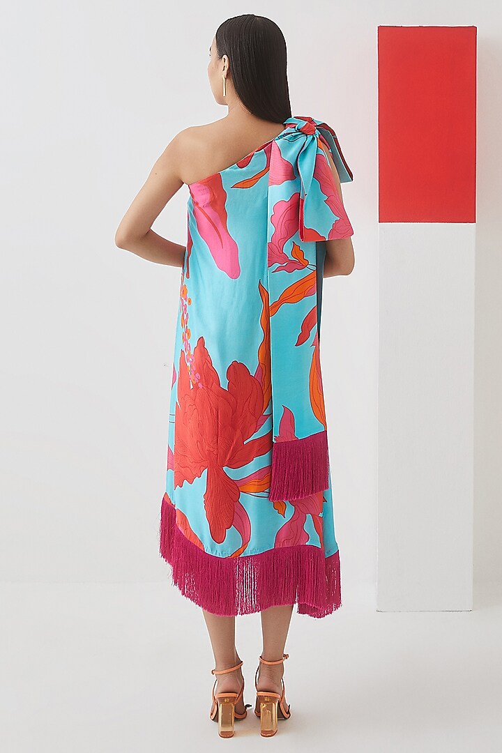 Sky Blue Vegan Silk Floral Printed One-Shoulder Midi Summer Dress by Studio Rigu at Pernia's Pop Up Shop