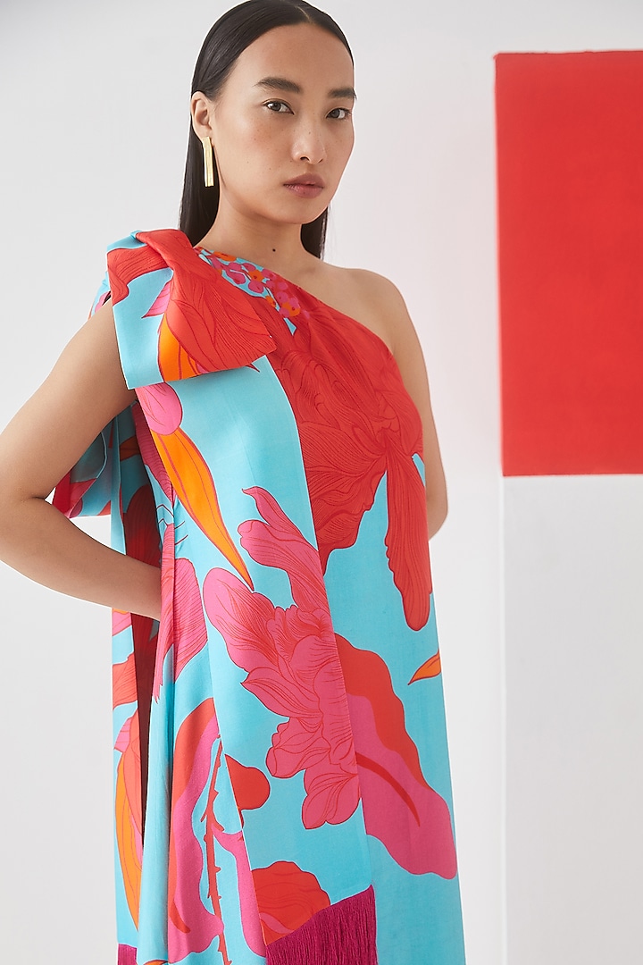 Sky Blue Vegan Silk Floral Printed One-Shoulder Midi Summer Dress by Studio Rigu at Pernia's Pop Up Shop