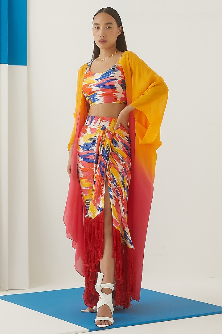 Multi-Colored Vegan Silk Ikat Printed Skirt Set by Studio Rigu