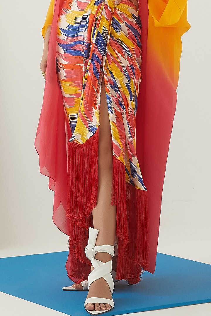 Multi-Colored Vegan Silk Ikat Printed Skirt Set by Studio Rigu at Pernia's Pop Up Shop