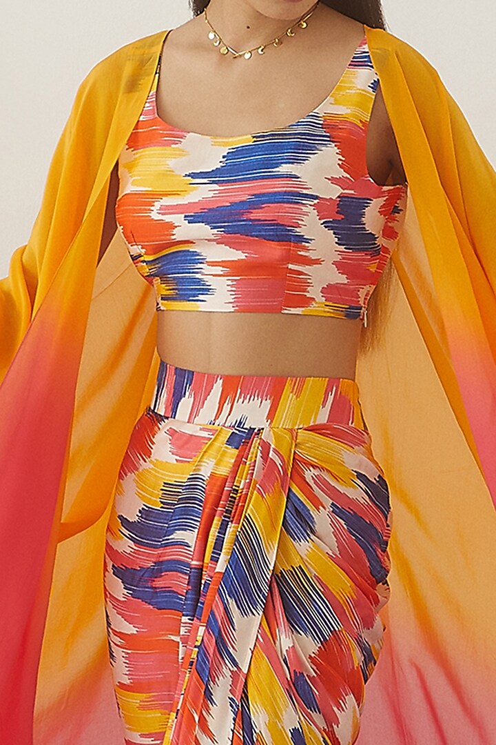 Multi-Colored Vegan Silk Ikat Printed Skirt Set by Studio Rigu at Pernia's Pop Up Shop