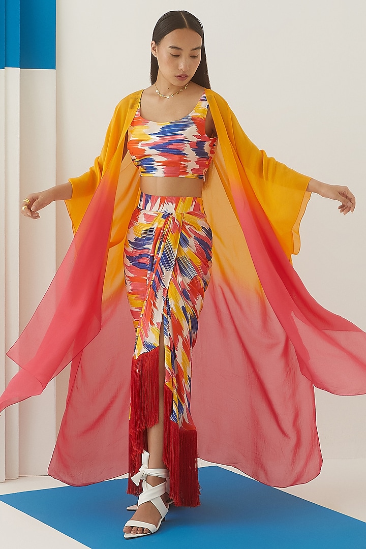 Multi-Colored Vegan Silk Ikat Printed Skirt Set by Studio Rigu at Pernia's Pop Up Shop