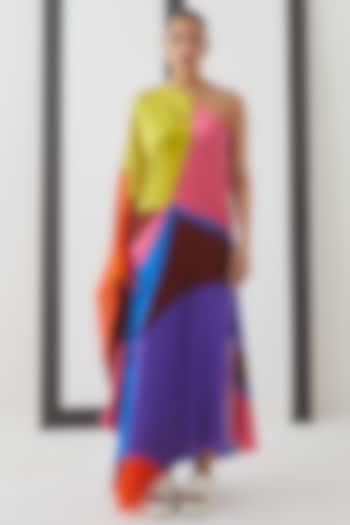 Multi-Colored Vegan Silk Printed One-Shoulder Maxi Dress by Studio Rigu