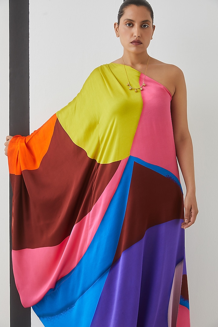 Multi-Colored Vegan Silk Printed One-Shoulder Maxi Summer Dress by Studio Rigu at Pernia's Pop Up Shop