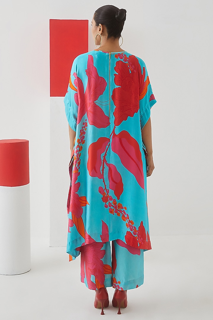 Sky Blue Vegab Silk Floral Printed Kimono Kurta Set by Studio Rigu at Pernia's Pop Up Shop