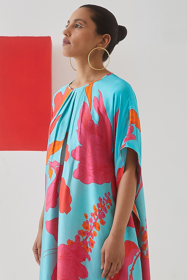 Sky Blue Vegab Silk Floral Printed Kimono Kurta Set by Studio Rigu at Pernia's Pop Up Shop