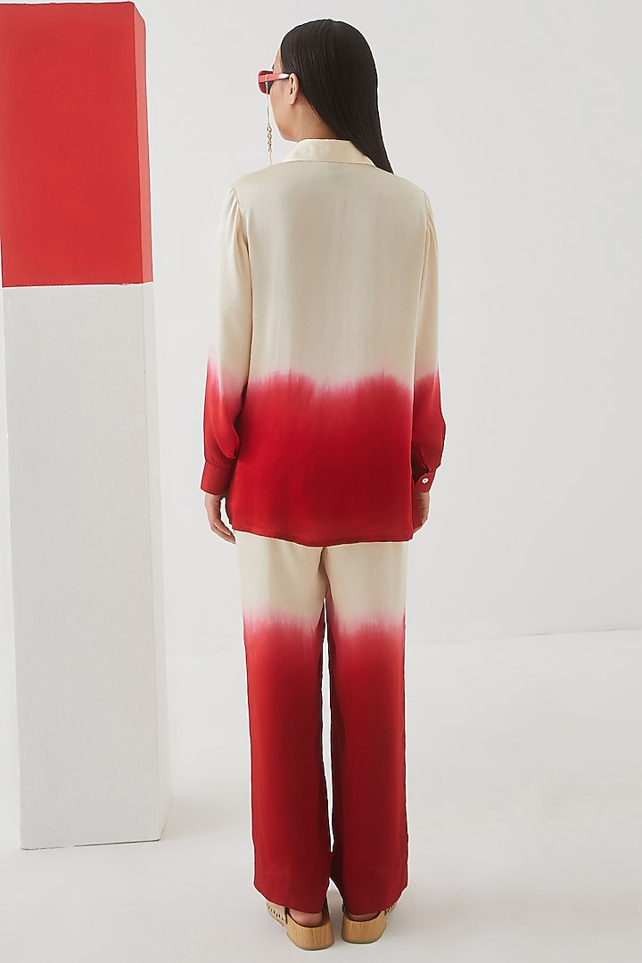 Beige & Red Ombre Vegan Silk Tie-Dyed Co-Ord Set by Studio Rigu at Pernia's Pop Up Shop