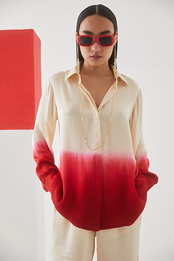 Beige & Red Ombre Vegan Silk Tie-Dyed Co-Ord Set by Studio Rigu at Pernia's Pop Up Shop