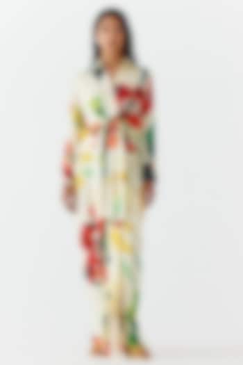 Cream Vegan Silk Digital Printed Draped Skirt Set by Studio Rigu