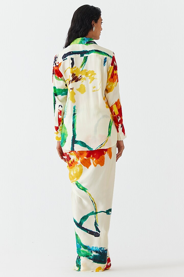 Cream Vegan Silk Digital Printed Draped Skirt Set by Studio Rigu at Pernia's Pop Up Shop