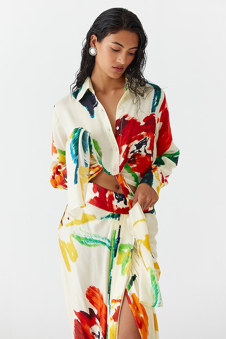 Cream Vegan Silk Digital Printed Draped Skirt Set by Studio Rigu at Pernia's Pop Up Shop
