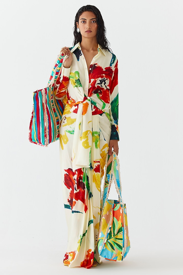 Cream Vegan Silk Digital Printed Draped Skirt Set by Studio Rigu at Pernia's Pop Up Shop