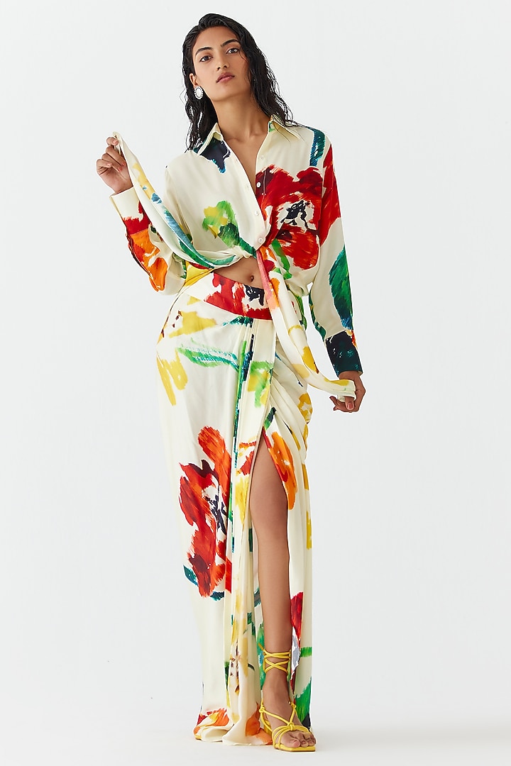 Cream Vegan Silk Digital Printed Draped Skirt Set by Studio Rigu at Pernia's Pop Up Shop