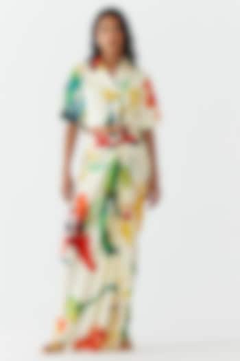 Cream Vegan Silk Floral Printed Draped Skirt Set by Studio Rigu