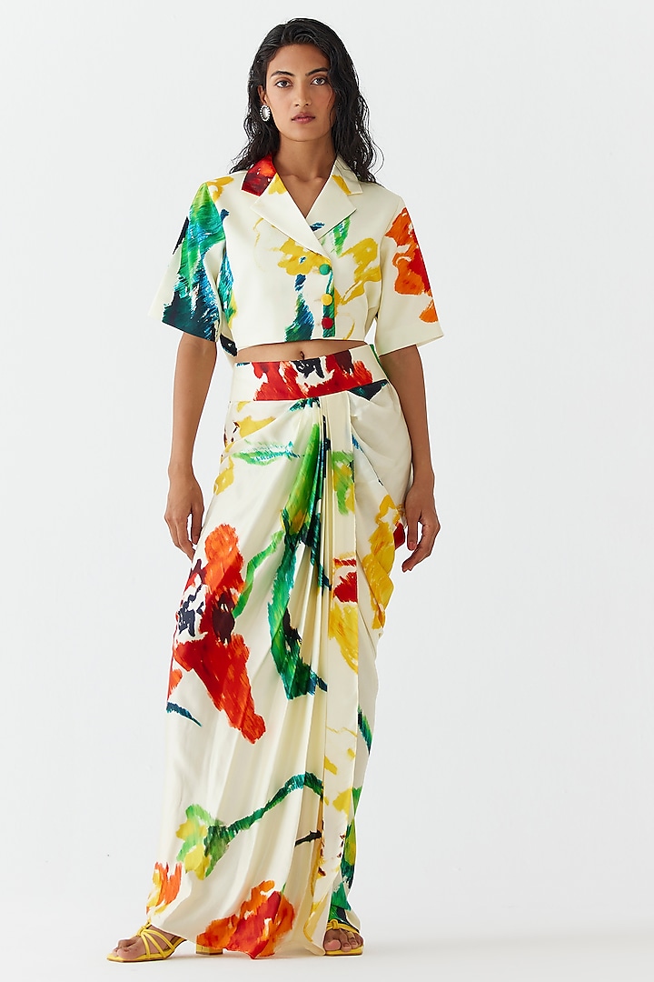 Cream Vegan Silk Floral Printed Draped Skirt Set by Studio Rigu