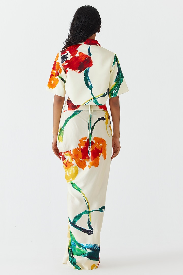 Cream Vegan Silk Floral Printed Draped Skirt Set by Studio Rigu at Pernia's Pop Up Shop
