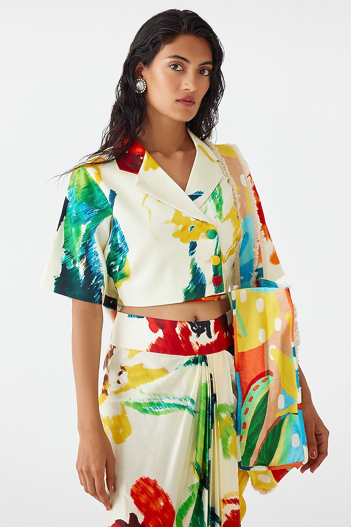 Cream Vegan Silk Floral Printed Draped Skirt Set by Studio Rigu at Pernia's Pop Up Shop