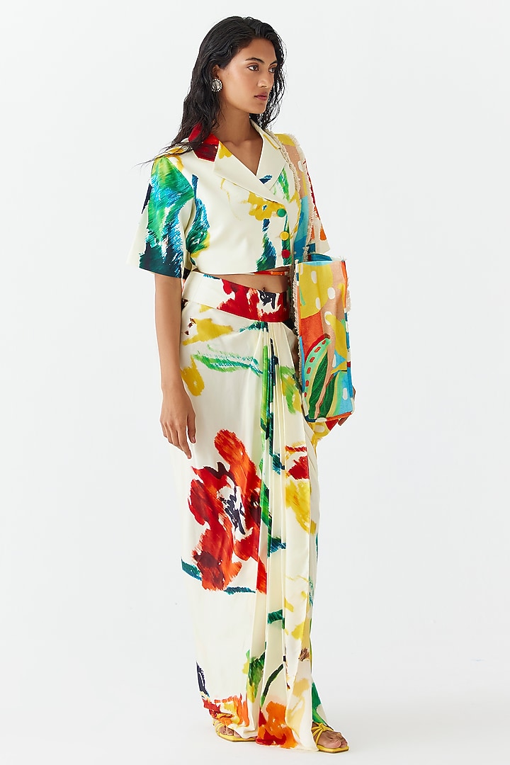 Cream Vegan Silk Floral Printed Draped Skirt Set by Studio Rigu at Pernia's Pop Up Shop