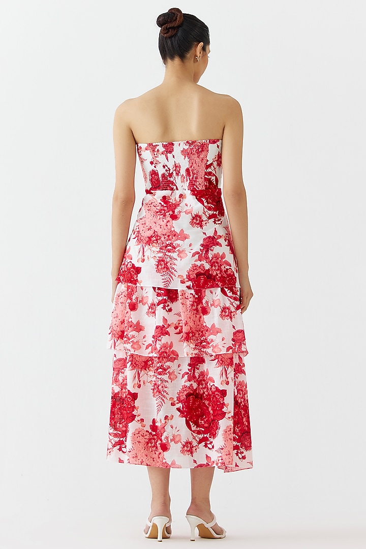 Ruby Red Cotton Hand Embroidered & Chintz Printed Tiered Summer Dress by Studio Rigu at Pernia's Pop Up Shop