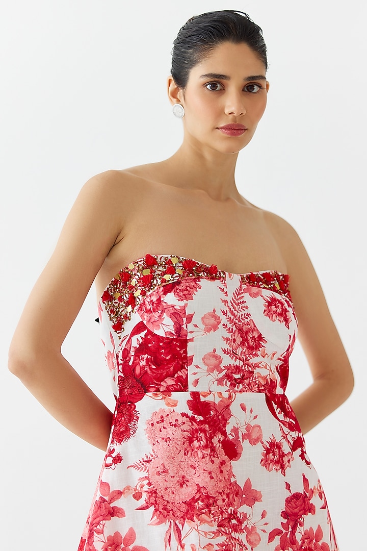 Ruby Red Cotton Hand Embroidered & Chintz Printed Tiered Summer Dress by Studio Rigu at Pernia's Pop Up Shop