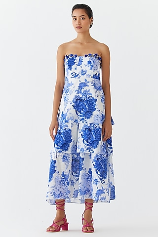Blue Cotton Hand Embroidered & Chintz Printed Tiered Dress by Studio Rigu