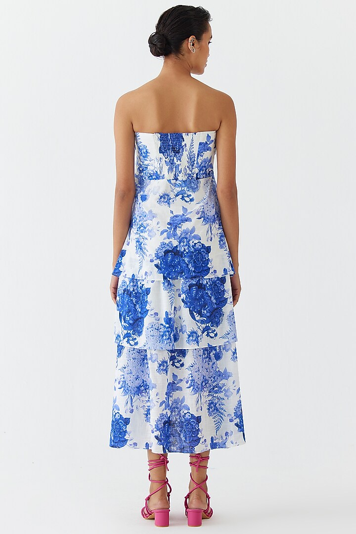 Blue Cotton Hand Embroidered & Chintz Printed Tiered Summer Dress by Studio Rigu at Pernia's Pop Up Shop